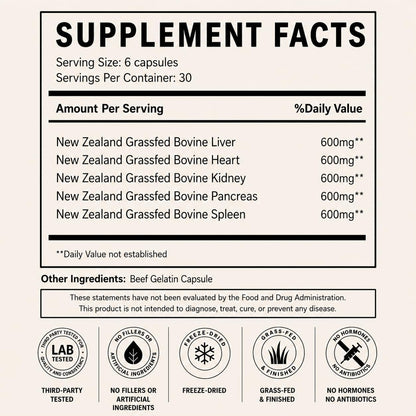 Primal Being Grassfed Beef Organ Complex - Liver, Heart, Pancreas, Spleen, & Kidney- Supports Overall Health & Performance - 180 Capsules, 3000mg per Serving