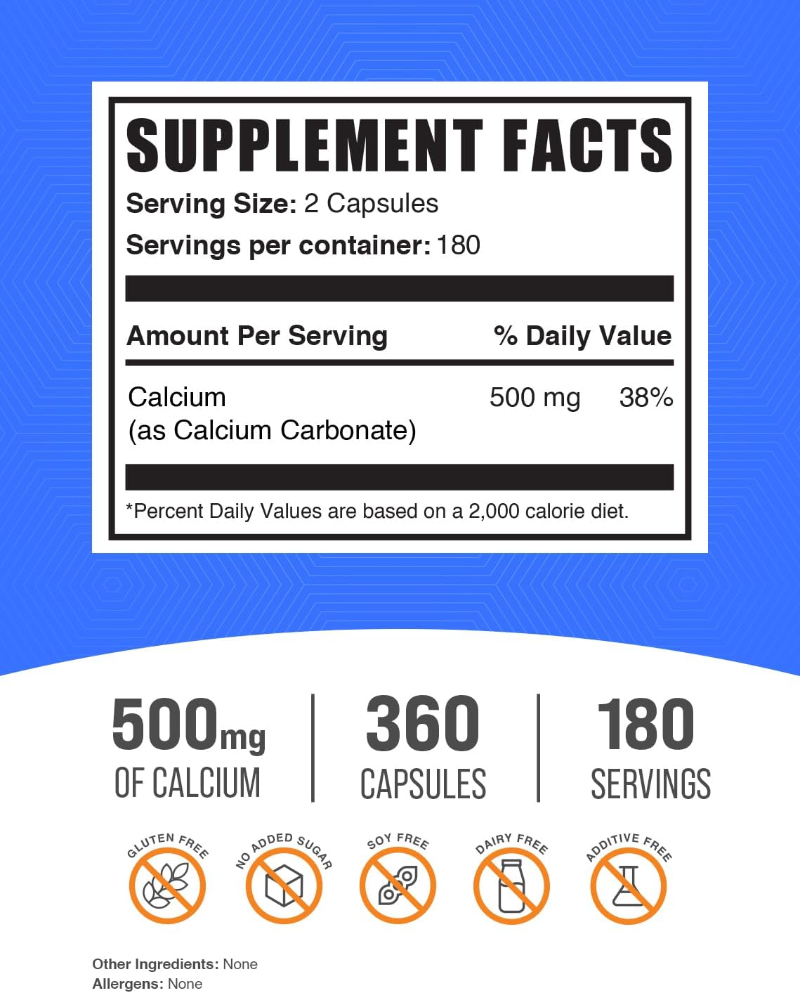 BulkSupplements.com Calcium Carbonate Capsules - Calcium Carbonate Supplement, Calcium Carbonate 500mg - Calcium Supplement, Gluten Free, 2 Capsules per Serving, 360 Capsules (Pack of 1)