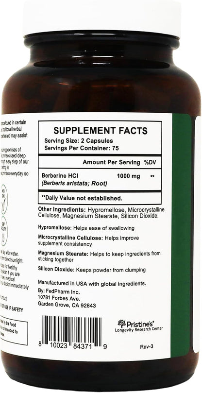 PRISTINE'S Berberine 1000mg Capsules, Daily Wellness Support, 75 Day Supply | Simple 2-capsule berberine routine with 1000mg per serving. Daily wellness, 75 day supply, vegan, non-GMO, gluten-free