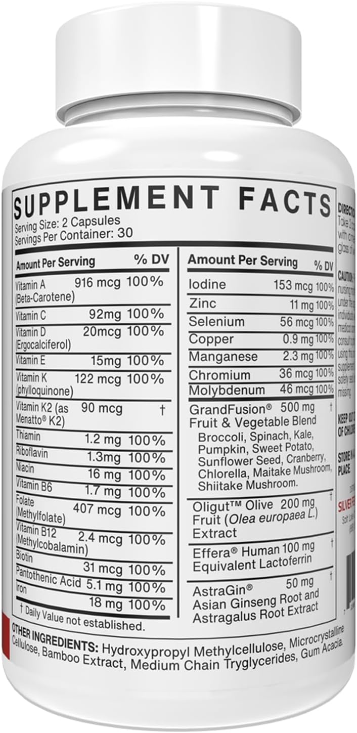 Silver Fern Women’s Whole Food Multivitamin 60 Capsules, 30 Servings | Daily Vitamin & Mineral Supplement with GrandFusion®, Oligut™, Effera®, AstraGin® & Menatto® K2