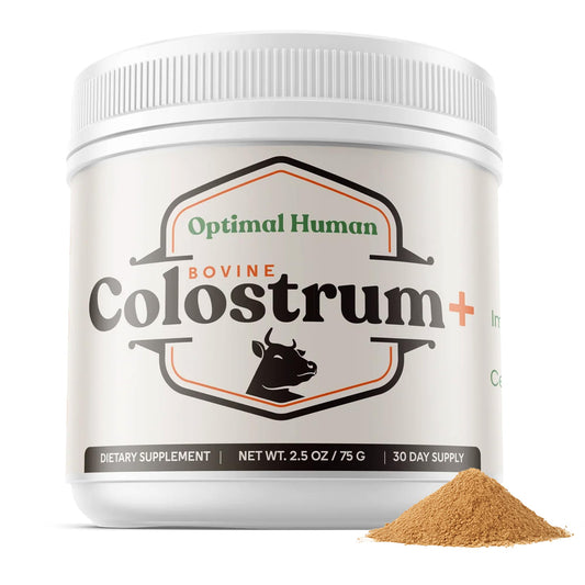 Jar of Optimal Human Bovine Colostrum supplement with visible powder on a white background