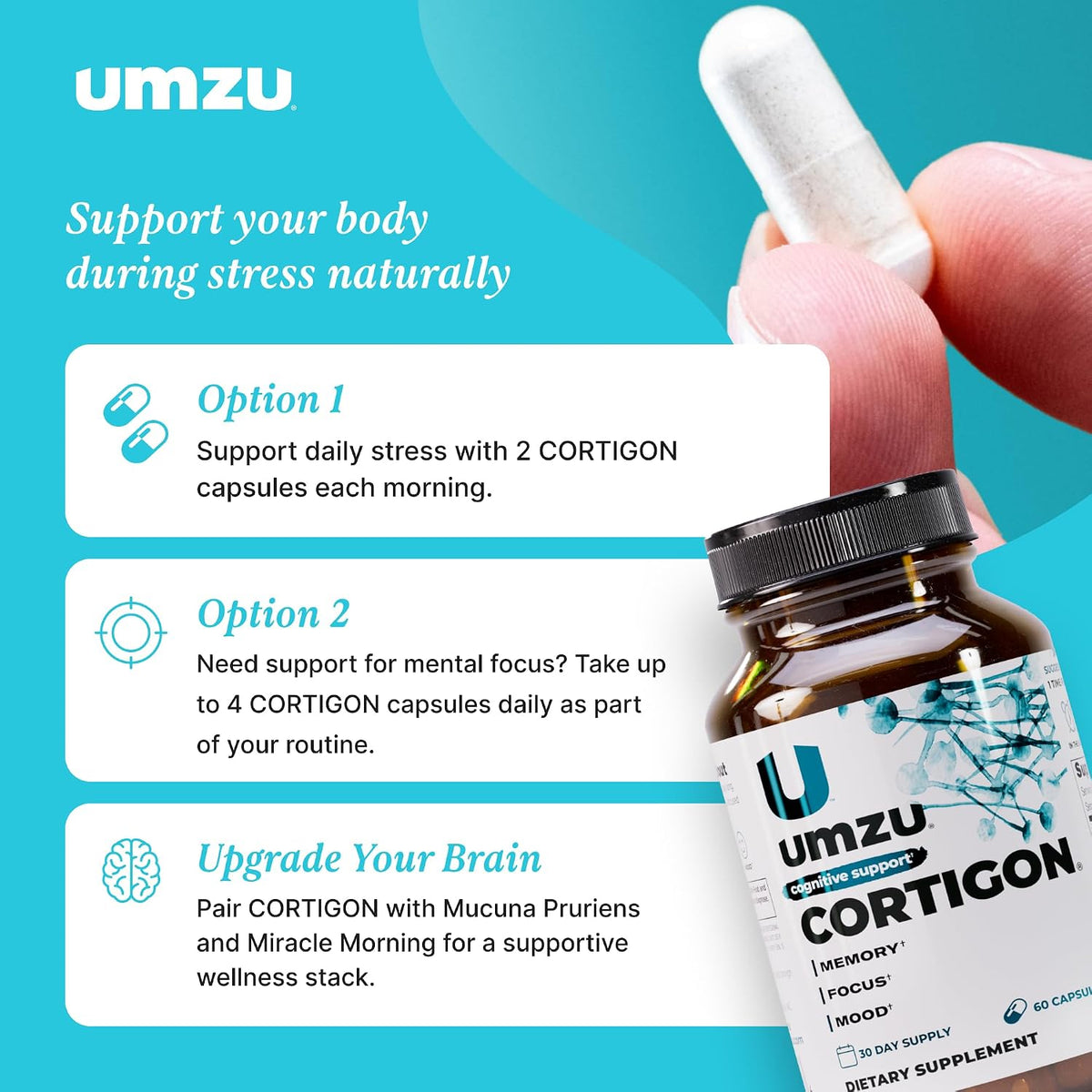 UMZU Cortigon Cortisol Support Supplement, 30 Day Supply | Ginkgo Biloba, Phosphatidylserine, Vitamins B6 and B12, Healthy Stress Response, Mood, Focus and Cognitive Support