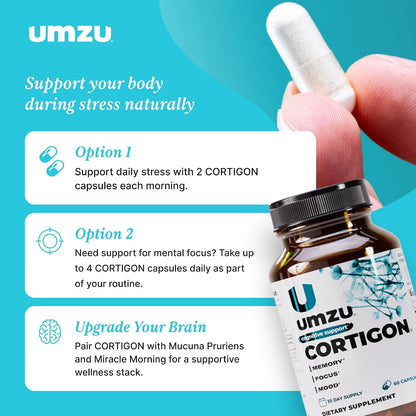 UMZU Cortigon Cortisol Support Supplement, 30 Day Supply | Ginkgo Biloba, Phosphatidylserine, Vitamins B6 and B12, Healthy Stress Response, Mood, Focus and Cognitive Support