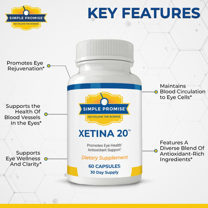 Xetina 20 - Lutein and Zeaxanthin Eye Vitamins - Adults and Seniors Care | Eye Nutrient Complex, Daily Vision Support, Bilberry and Grape Seed, Simple Once-Daily Routine, Non-GMO