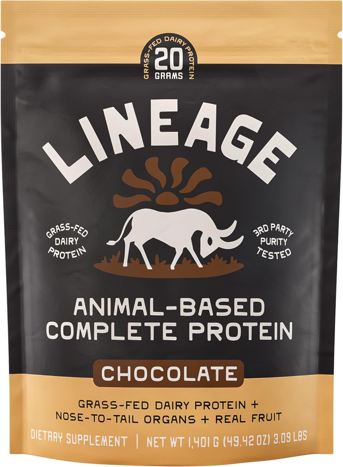 Lineage Provisions Chocolate Whey Protein Powder, 3.09 lbs | 20g complete grass-fed protein with organs, colostrum & fruit. No gums, fillers or artificial sweeteners.