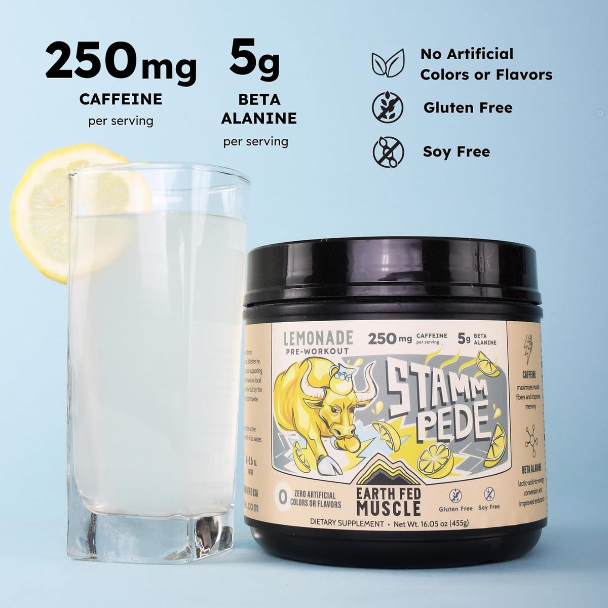 Earth Fed Muscle Stammpede Lemonade Pre Workout, Third-Party Certified. 250mg Caffeine, Lemonade - 5g Beta Alanine, Citrulline Malate, Taurine - Soy Free, Gluten Free - 16 oz, 26 Servings | Third-Party Certified, 250mg Caffeine, 5g Beta Alanine, Citrullin