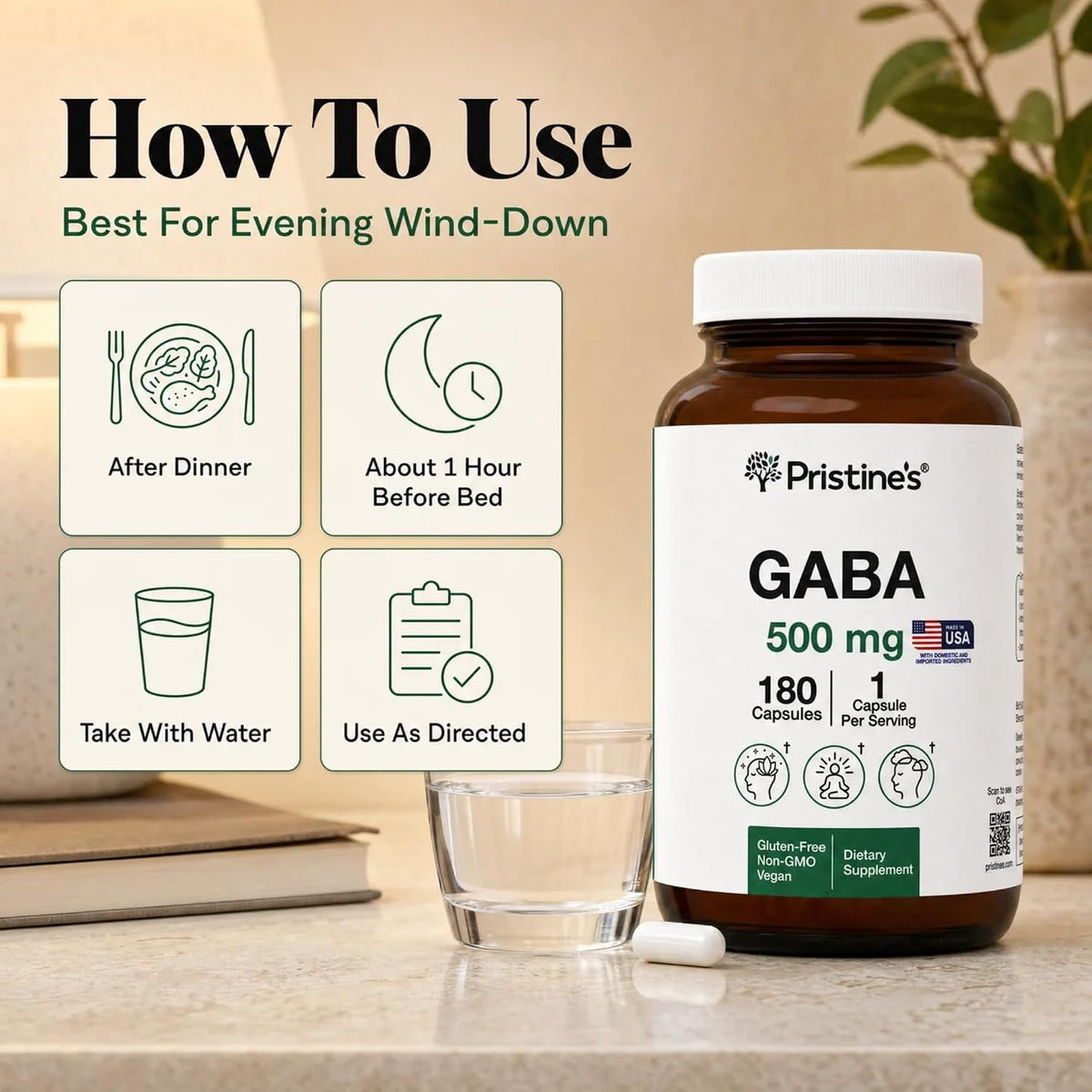 PRISTINE'S GABA 500mg Capsules Sleep Support, Relaxation, 180 Count, Vegan | Evening calm and relaxation support for a simple sleep routine. 180 servings, vegan, non-GMO, gluten-free glass bottle