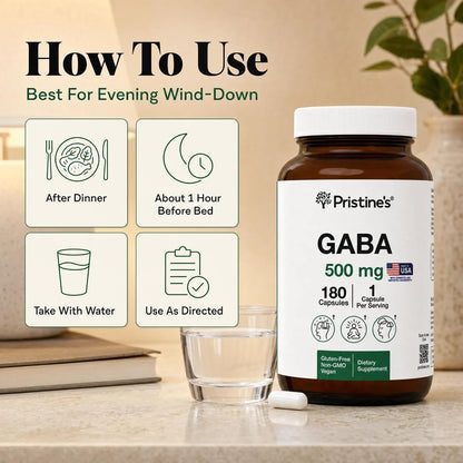 PRISTINE'S GABA 500mg Capsules Sleep Support, Relaxation, 180 Count, Vegan | Evening calm and relaxation support for a simple sleep routine. 180 servings, vegan, non-GMO, gluten-free glass bottle