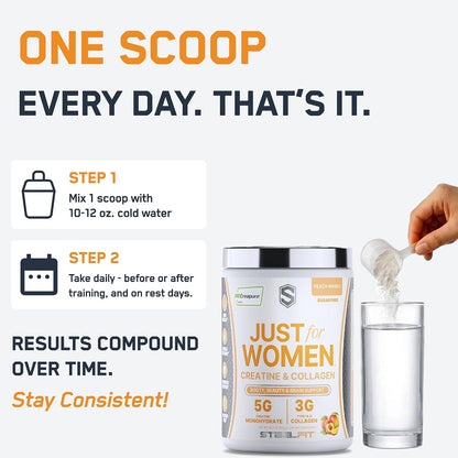 SteelFit Just for Women Creatine & Collagen Powder, Peach Mango | 5g Creapure Creatine Monohydrate & 3g Grass-Fed Collagen Peptides - Lean Muscle, Brain Health & Glowing Skin - 30 Servings