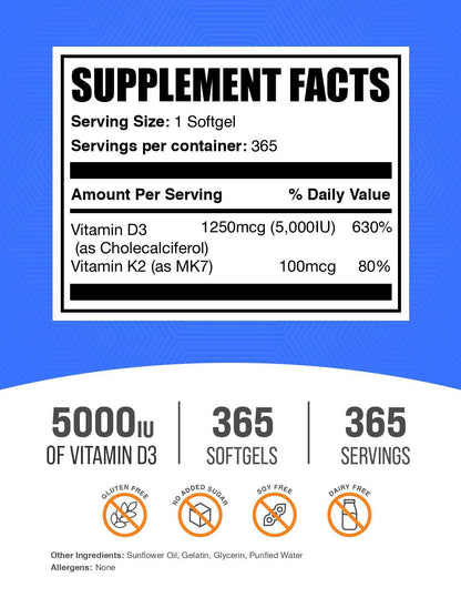 BulkSupplements.com Vitamin D3 + K2 5000 IU Softgels - D3 K2 Supplement, for Immune Health - Gluten Free, 1 Softgel per Serving, 365 Count (Pack of 1)