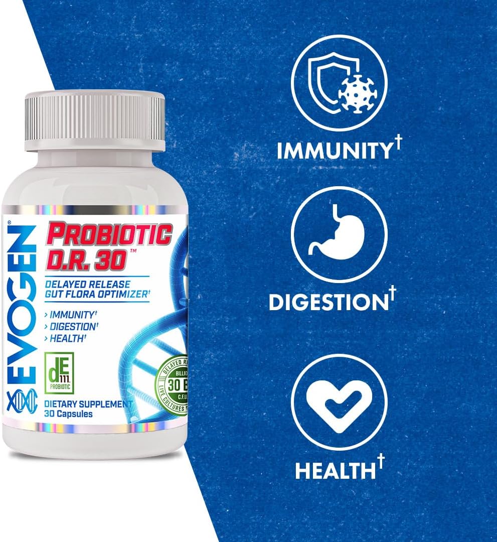 Evogen Probiotic D.R. Gut Health | 30 Billion CFUs | 30 Capsules | DE111 clinically researched strain, delayed-release for immunity, digestion and nutrient absorption