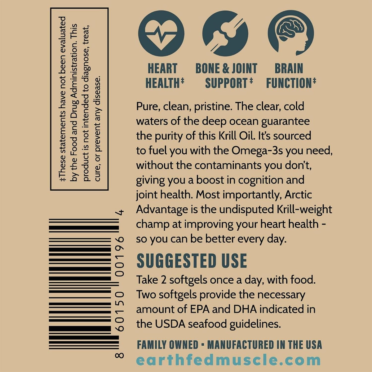 Earth Fed Muscle Arctic Advantage Krill Oil 500mg softgels, Omega-3 DHA & EPA for Heart, Brain, Eye & Joint Health Support, No Fishy Aftertaste, Non-GMO, Gluten-Free Antartic Krill Oil - 60 Capsules