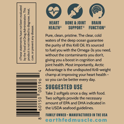 Earth Fed Muscle Arctic Advantage Krill Oil 500mg softgels, Omega-3 DHA & EPA for Heart, Brain, Eye & Joint Health Support, No Fishy Aftertaste, Non-GMO, Gluten-Free Antartic Krill Oil - 60 Capsules