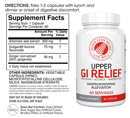 Silver Fern GI Relief - Natural Herbal Supplement 1 Bottle - 60 Capsules | 30-Day Supply All Natural With Artichoke Leaf Extract, Ginger Root Extract, and GutGuard Licorice Flavonoids.