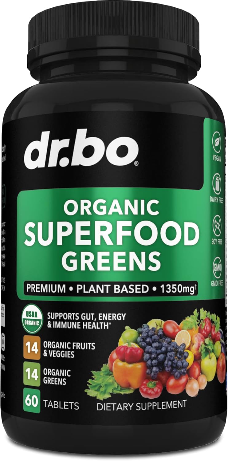 Organic Superfood Greens & Fruit Supplements - Energy Super Food Fruits and Veggies Supplement Tablets - Daily Green Veggie Powder Blend Plus Vegetable Foods Alfalfa, Spinach, Cabbage & Spirulina Tabs