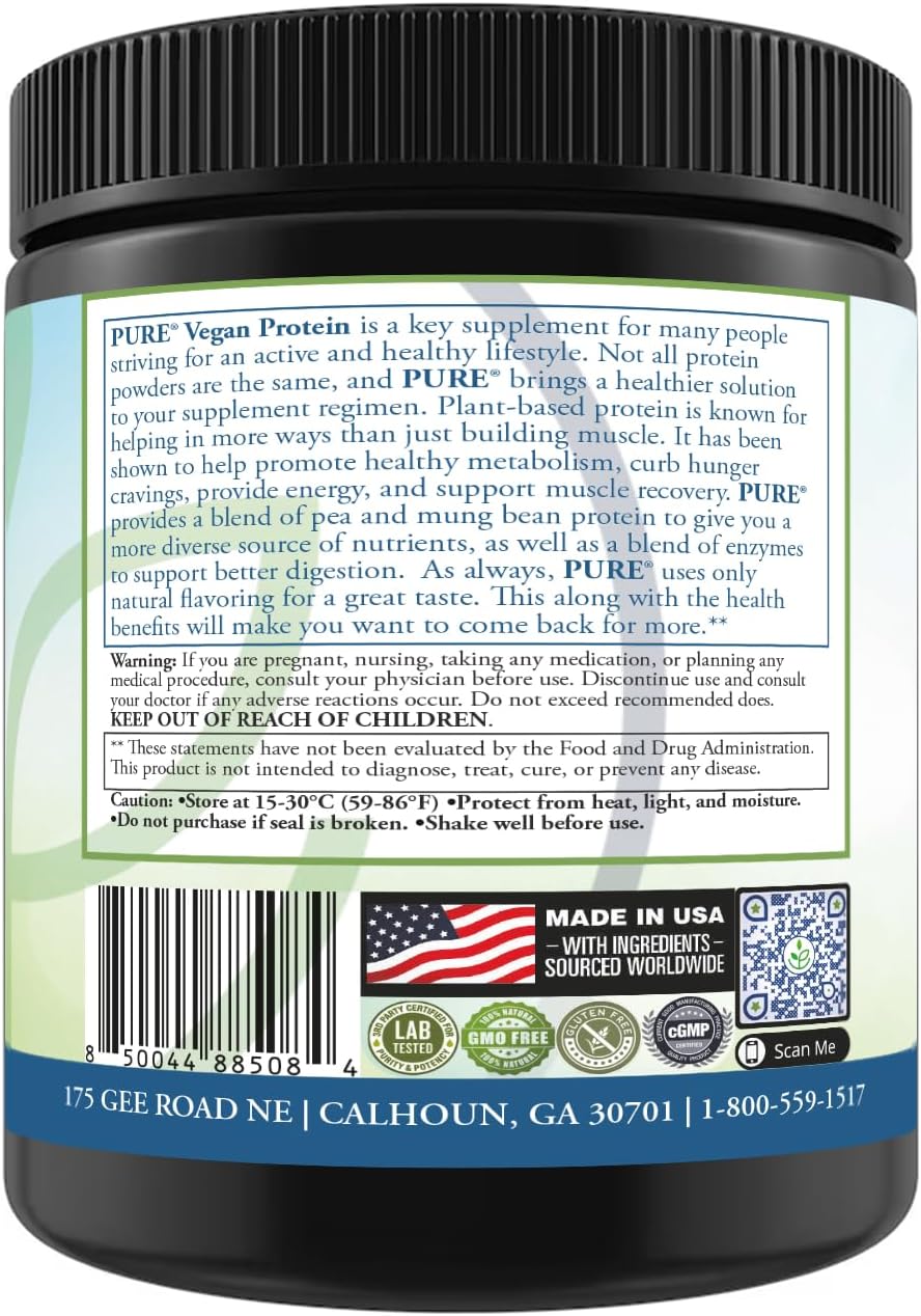 PURE® Vegan Protein Powder - 25g Plant Based Protein, 15 Servings - Pea & Mung Bean Blend with Digestive Enzymes - Dairy-Free - Muscle Recovery & Appetite Control - Chocolate 525 Grams