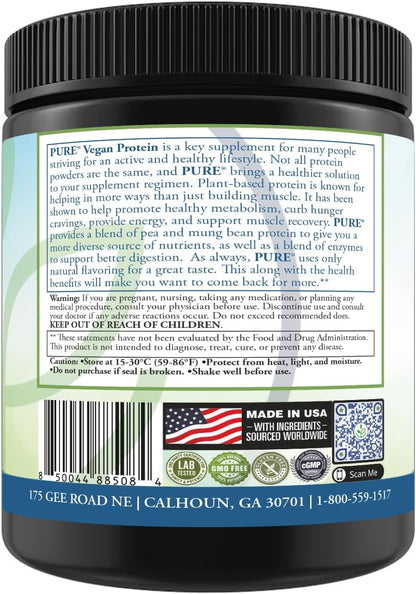 PURE® Vegan Protein Powder - 25g Plant Based Protein, 15 Servings - Pea & Mung Bean Blend with Digestive Enzymes - Dairy-Free - Muscle Recovery & Appetite Control - Chocolate 525 Grams