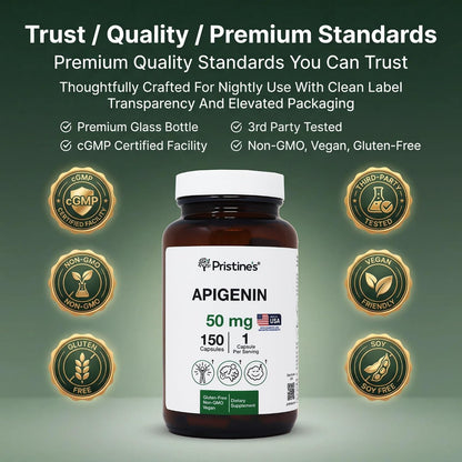 PRISTINE'S Apigenin 50mg Sleep Support Capsules, Vegan, 150 Day Supply | Evening relaxation and calm support in a simple one-capsule routine. 150 day supply, vegan, non-GMO, gluten-free