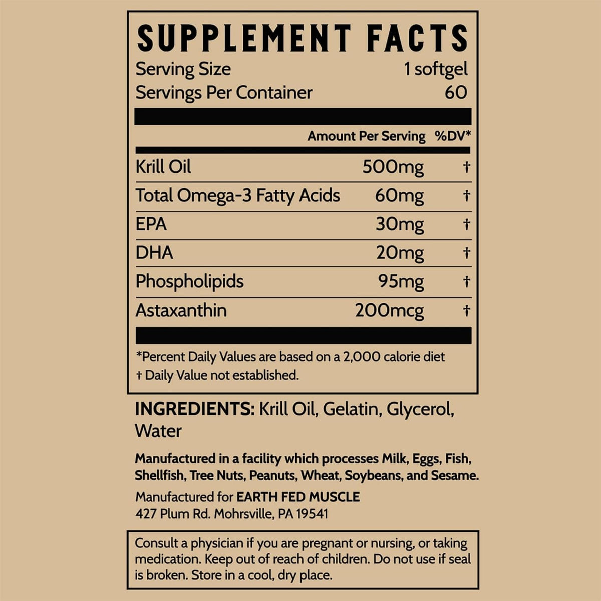 Earth Fed Muscle Arctic Advantage Krill Oil 500mg softgels, Omega-3 DHA & EPA for Heart, Brain, Eye & Joint Health Support, No Fishy Aftertaste, Non-GMO, Gluten-Free Antartic Krill Oil - 60 Capsules