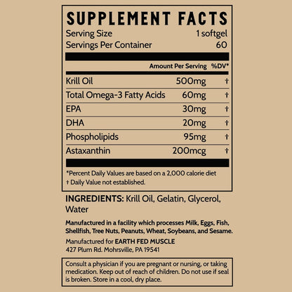 Earth Fed Muscle Arctic Advantage Krill Oil 500mg softgels, Omega-3 DHA & EPA for Heart, Brain, Eye & Joint Health Support, No Fishy Aftertaste, Non-GMO, Gluten-Free Antartic Krill Oil - 60 Capsules