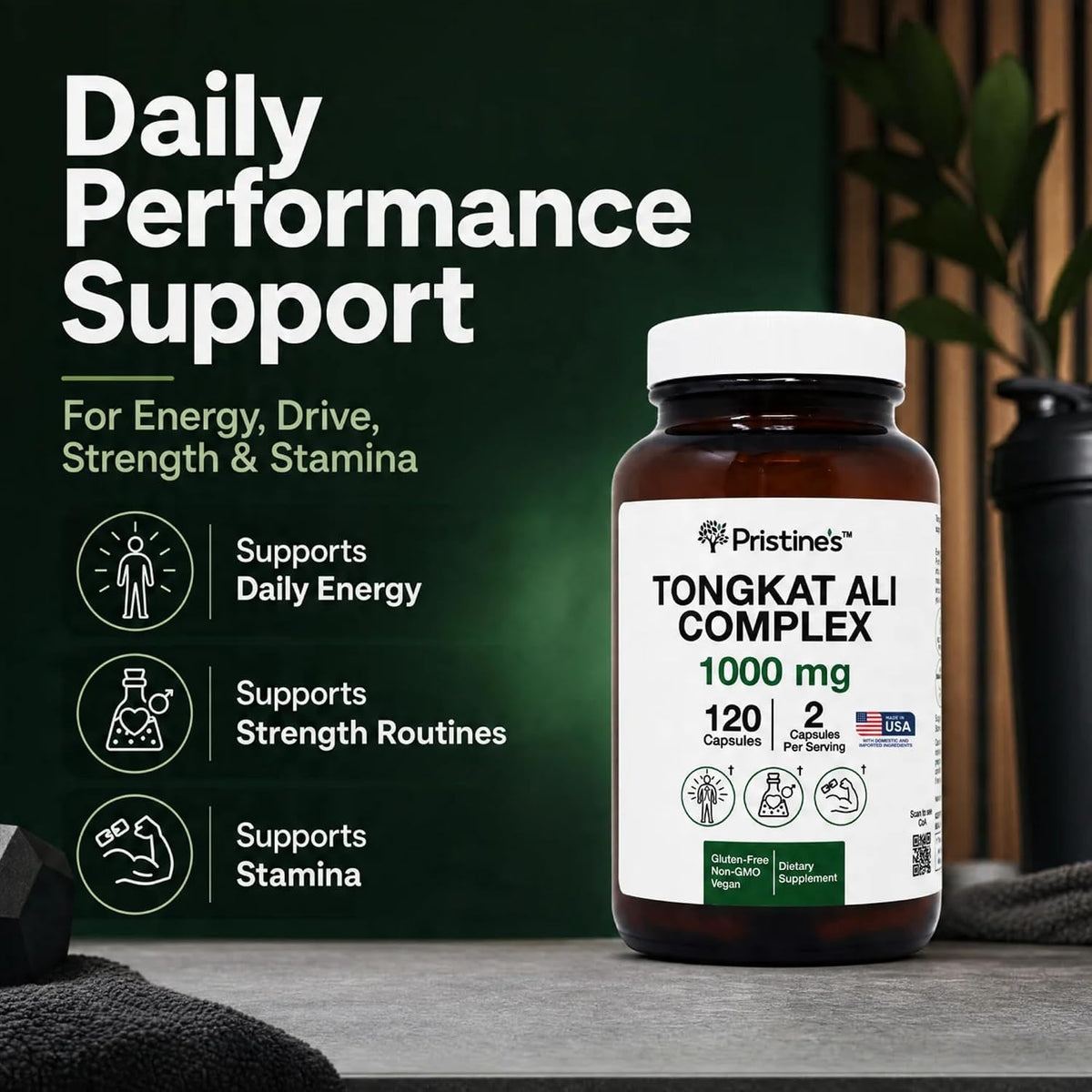 PRISTINE'S Tongkat Ali Complex 1000mg with Tribulus, Vegan, 120 Capsules | Strength, drive and stamina support from a 100:1 root extract blend. Vegan, non-GMO, gluten-free, 120 capsules