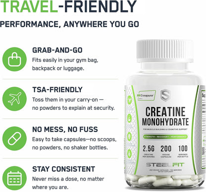 SteelFit Creatine Monohydrate Capsules for Men & Women, 100 Servings | 2.5g Creapure Creatine - Lean Muscle Gain, Strength Building & Recovery - Gym Workout Supplements, Veggie Capsule