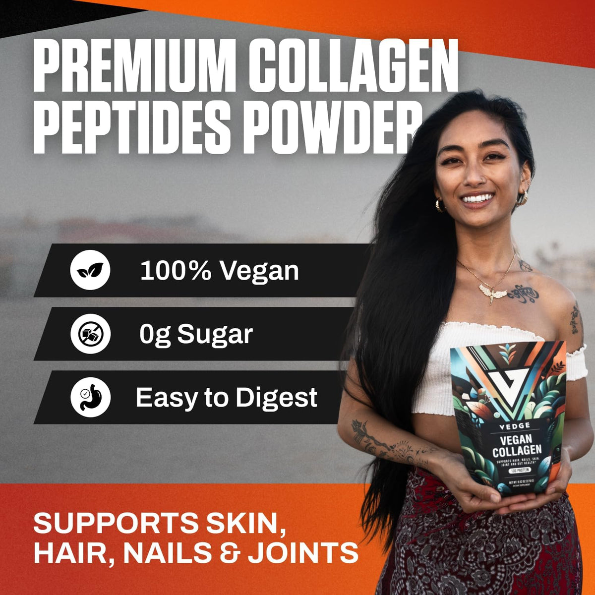 VEDGE Vegan Collagen Powder, Collagen Peptides, Unflavored, 20 Servings | Plant Based Collagen, Peptides From Broccoli And Carrot Supporting Skin, Hair, Nails, And Joint And Gut Health, Vegan Formula