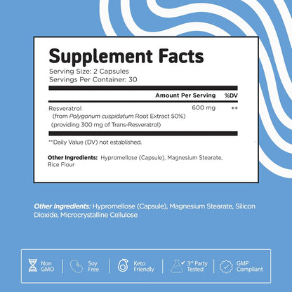 Vital Vitamins Resveratrol, 600mg with 300mg Trans-Resveratrol | Antioxidant Support for Cellular Longevity & Cognitive Function, Non-GMO, 60 Capsules