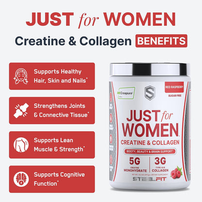 SteelFit Just for Women, Creatine Monohydrate & Collagen Peptides Powder | 5g Creapure Creatine & 3g Grass-Fed Collagen - Lean Muscle Growth & Healthy Hair, Skin, & Nails - Red Raspberry, 30 Servings