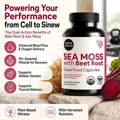 Atlantic Naturals Sea Moss with Beet Root Capsules - Premium Quality Multivitamin Supplement - Sea Moss Superfood to Support Immune Health, Blood Flow, Joint Health & Athletic Performance - 120 ct
