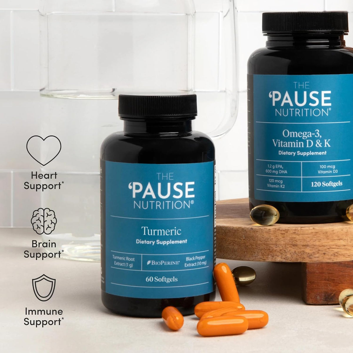 The 'Pause Life Turmeric + Omega 3 + Vitamin D & K2 Bundle, 60 & 120 Count | Turmeric with black pepper for joint & bone support bundled with fish oil + D3 & K2 for immune health. Gluten & dairy free.