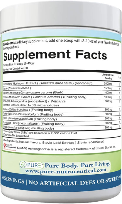 PURE® Mushroom Superblend - 30 Servings - 2000mg Lion’s Mane with KSM-66® Ashwagandha & Organic Cacao - Caffeine-Free Focus, Memory & Stress Relief Morning Ritual - Made in USA