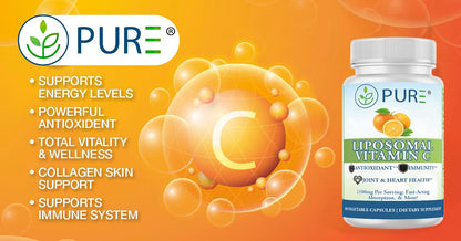PURE® Liposomal Vitamin C 2100mg - 180 Capsules, 60 Servings - High Absorption Immune Support Supplement with Sunflower Lecithin - Bioavailable Antioxidant for Collagen & Skin - Made in USA
