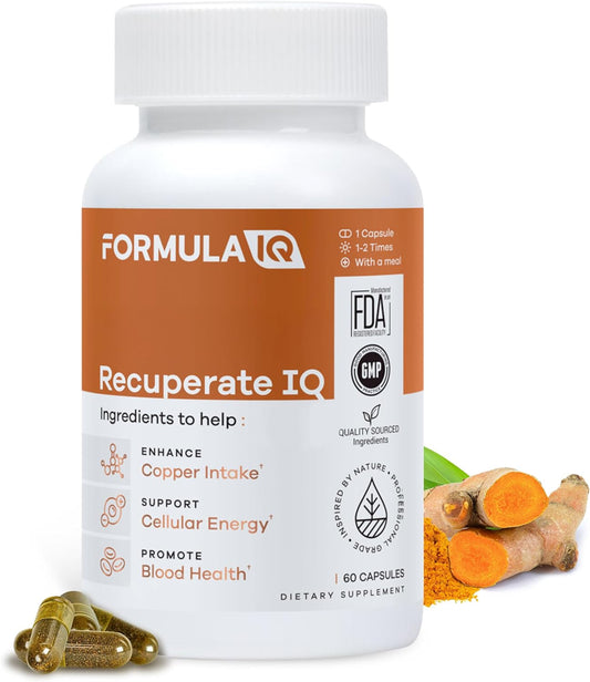 Suplement Product​Formula IQ - Recuperate IQ - 5-in-1 Copper Supplements with Copper Bisglycinate - Easy-to-Swallow 2 mg Capsules - High Absorption, Boosts Energy - 60 Capsules - PureBliss USA