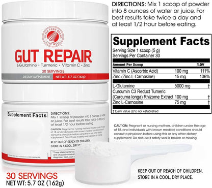 Silver Fern Gut Repair - Digestive Health Supplement Powder | L-Glutamine, Curcumin, Zinc & Ascorbic Acid (1 Tub - 30 Servings)