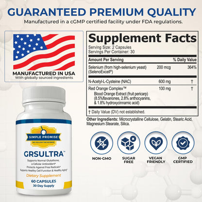 GRS Ultra - Glutathione with NAC 600mg and Selenium 200mcg - Women and Men | Antioxidant Formula, Cellular Health Support, Red Orange Complex, Simple Once-Daily Routine, Vegan