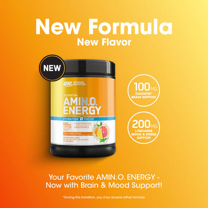 Optimum Nutrition, Amino Energy Powder Plus Focus, with Bcaa, Electrolytes, and Caffeine, Watermelon, 30 Servings | Contains BCAAs, Electrolytes, 100 mg Caffeine, 5g Amino Acids, Zero Sugar, Supports Hydration, Banned Substance Tested