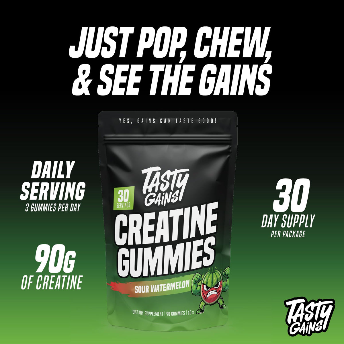 TASTY GAINS Creatine Gummies - 90g of Creatine Monohydrate - Workout Supplements - Build Muscle & Boost Strength for Men & Women - Made in USA - Non GMO - (Large, Strawberry Creamsicle Flavor)