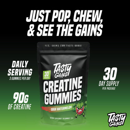 TASTY GAINS Creatine Gummies - 90g of Creatine Monohydrate - Workout Supplements - Build Muscle & Boost Strength for Men & Women - Made in USA - Non GMO - (Large, Strawberry Creamsicle Flavor)