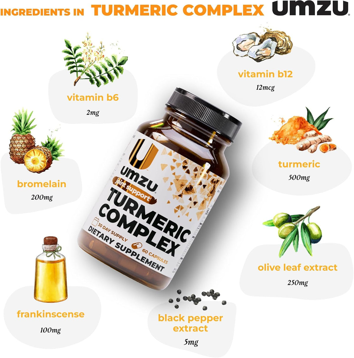 UMZU Turmeric Curcumin Supplement, 30 Day Supply | Bromelain, Boswellia and BioPerine Black Pepper, Joint Support, Immune Support, Antioxidant Support, Daily Wellness