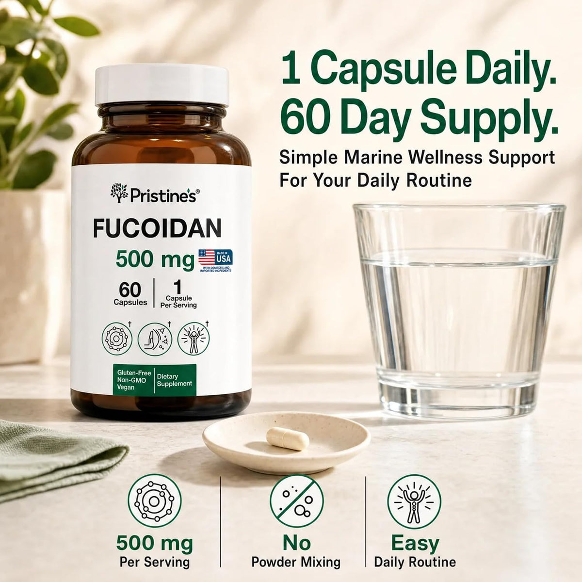 PRISTINE'S Fucoidan 500mg Brown Seaweed Extract Capsules, Vegan, 60 Count | Marine wellness support from brown seaweed extract. 60 count glass bottle, vegan, non-GMO, gluten-free, third-party tested