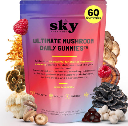 Mushroom Gummies - 10-in-1 Advanced Complex w/Lions Mane, Reishi, Cordyceps, Turkey Tail - Focus & Brain Support - Raspberry Flavored 60 Vegan Lions Mane Mushroom Gummies for Adults