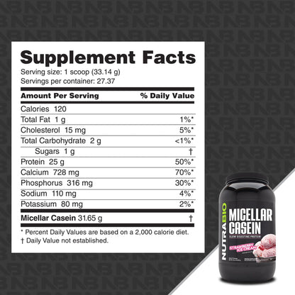 NutraBio Casein Protein Powder, Micellar Casien Powder, 25g Slow Digesting Protein, Helps Keep You Full, Overnight Muscle Recovery & Growth, BCAA & EAA, Gluten Free, Soy Free, 2lb Strawberry Ice Cream