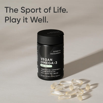 Sports Research Vegan Omega-3 Fish Oil Alternative from Algae Oil - Highest Levels of Vegan DHA & EPA Fatty Acids | Non-GMO Tested & Vegan Certified - 60 Veggie Softgels (Carrageenan Free)