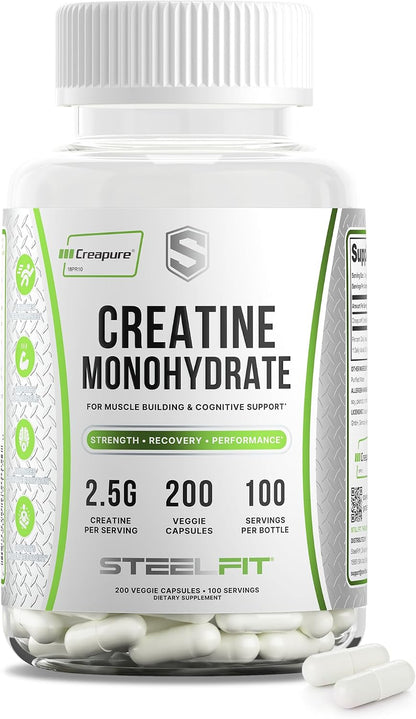 SteelFit Creatine Monohydrate Capsules for Men & Women, 100 Servings | 2.5g Creapure Creatine - Lean Muscle Gain, Strength Building & Recovery - Gym Workout Supplements, Veggie Capsule