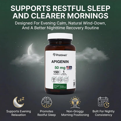 PRISTINE'S Apigenin 50mg Sleep Support Capsules, Vegan, 150 Day Supply | Evening relaxation and calm support in a simple one-capsule routine. 150 day supply, vegan, non-GMO, gluten-free