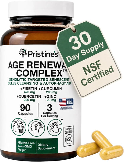 PRISTINE'S Age Renewal Senolytic Autophagy Capsules, NSF Certified, Vegan | Fisetin, quercetin, curcumin and zinc for healthy aging routines. NSF Certified, vegan, non-GMO, gluten-free, 30 servings