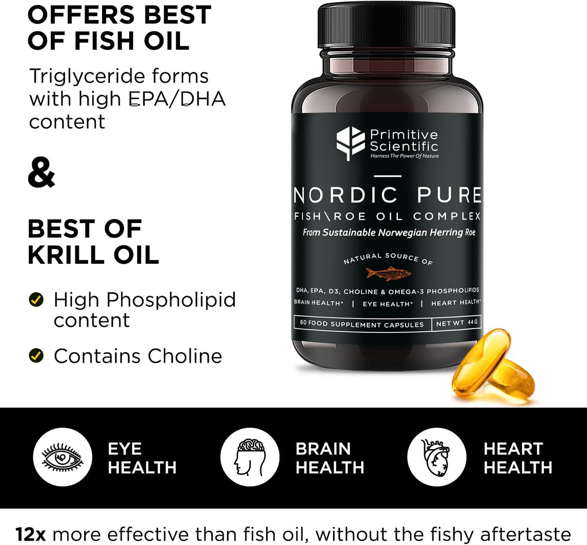 Primitive Scientific Nordic Pure Oil Complex (60 Fish Oil Capsules) for Brain, Immunity & Vision - Heart Supplement w/EPA, DHA, Vitamin D3, Choline - Omega 3 Supplements