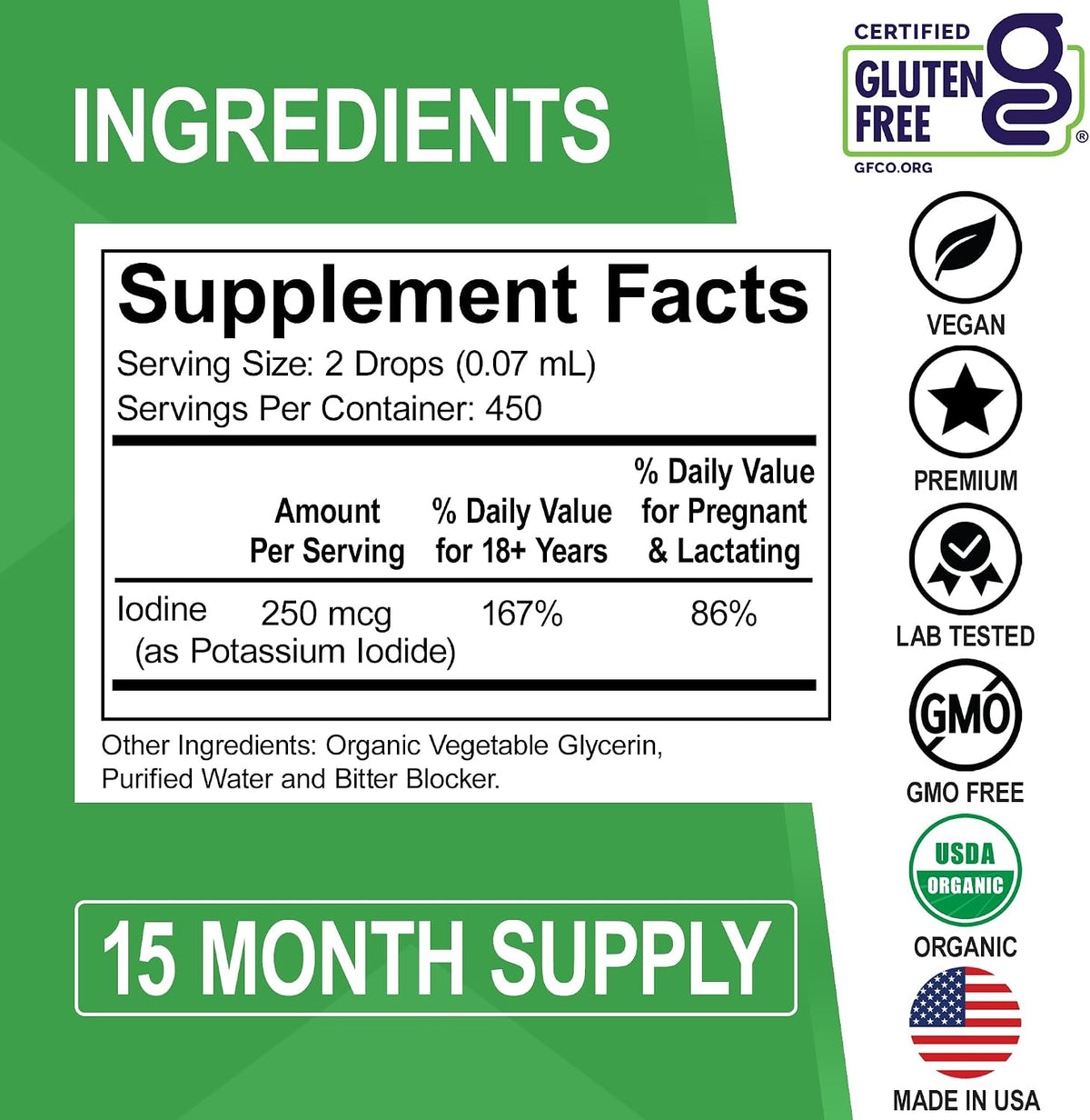 Iodine Liquid Drops Potassium Iodide - 1 Year Supply Pure Clear Organic Iodine Drops Supplement Plus Thyroid Support - Organic Potassium Iodide Liquid Supplement Tincture Thyroid Supplements 1 Fl Oz