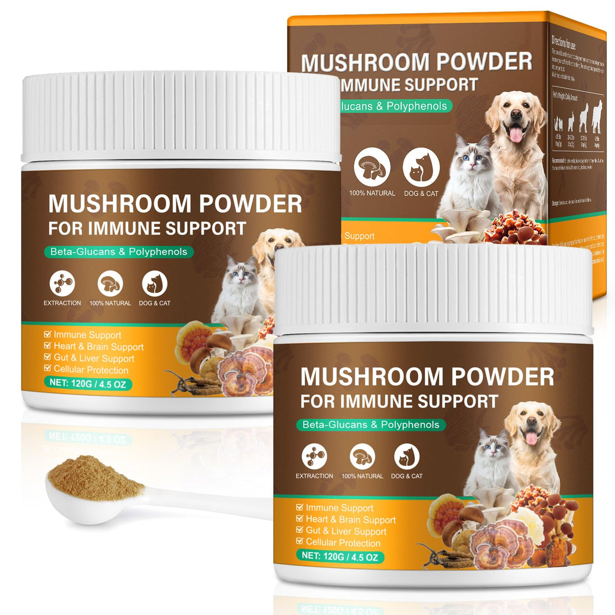 Mushroom Supplement Powder for Dogs & Cats, 11 Beneficial Mushroom Complex for Immune Support, Cellular Protection, Heart & Brain Health Lion's Mane, Reishi & Turkey Tail, Bacon Flavor - 120g